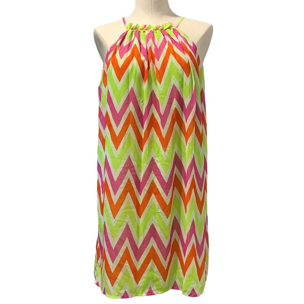 Chevron Print Sleeveless Halter Dress Green Pink Orange By Tacera Size Small NWT